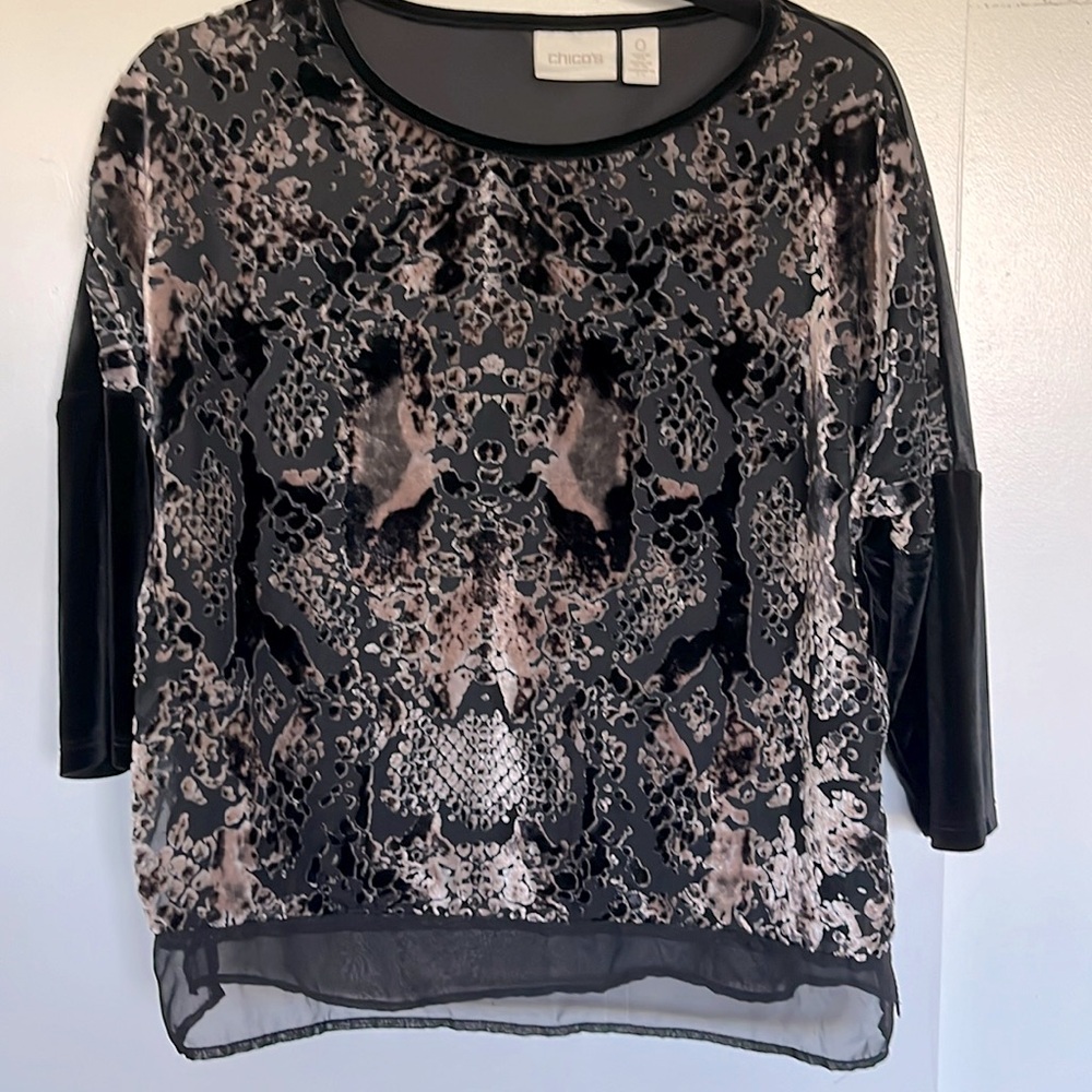 Chico’s Velvet Burnout Animal Print and Chiffon Top